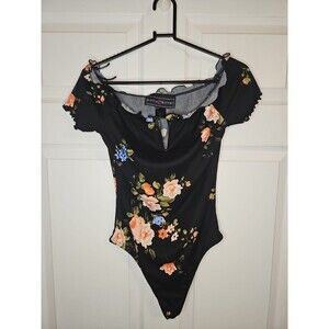 Polly & Esther Bodysuit Womens Size M Medium Black Floral Made In USA